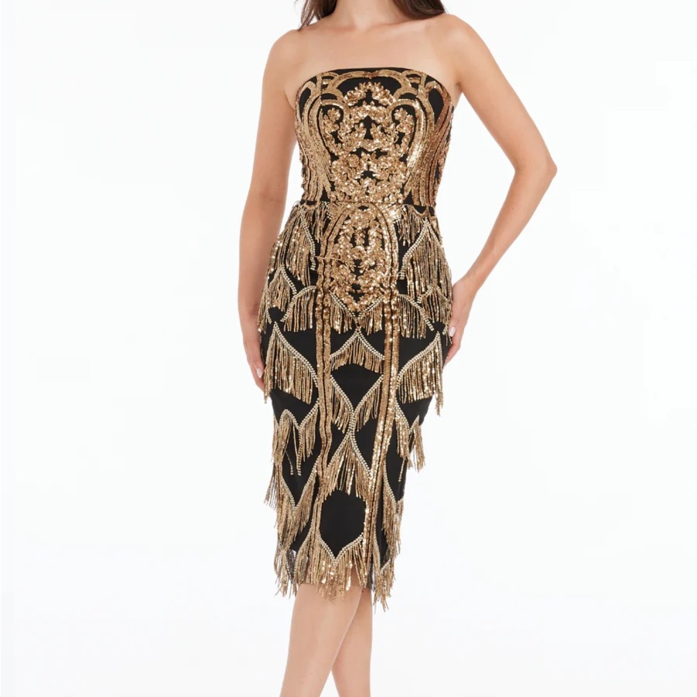 Dress the Population Viviana Black and Gold Strapless Dress